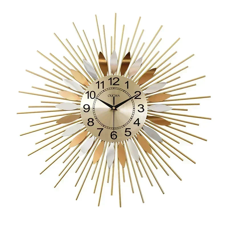 Sonnen-Wanduhr aus Metall mit goldenen Strahlen und Blättern in Kupfer und Silber für das Wohnzimmer – 58 × 58 cm, lautlos, goldenes Zifferblatt