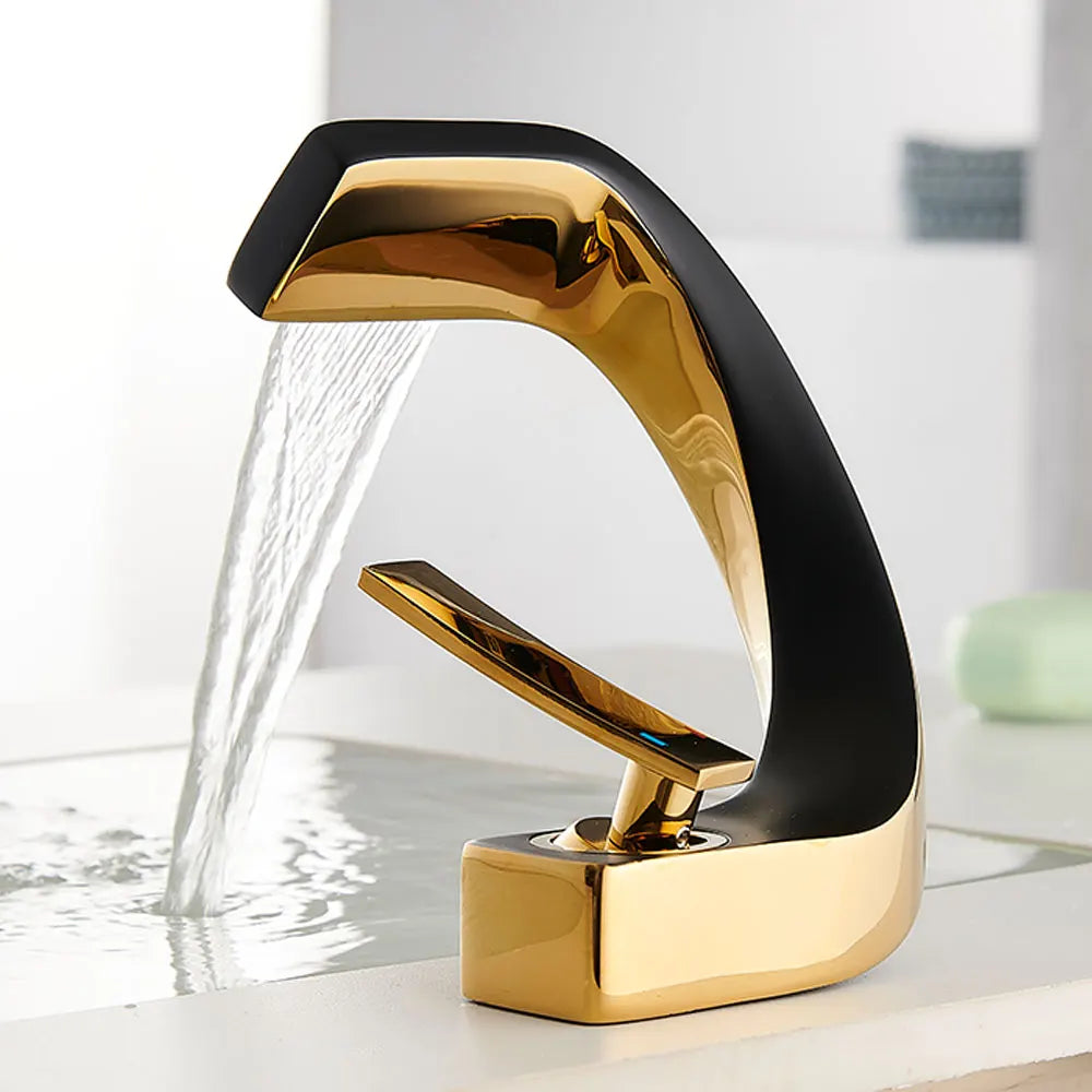 Einloch-Waschtischarmatur aus Messing mit Wasserfall-Auslauf für das Badezimmer – geschwungene Form, Einhebel, Warm- und Kaltwasser, 11 Farben