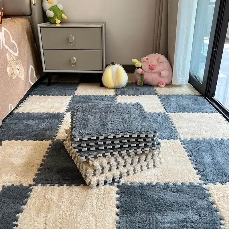 Flauschige Plüsch-Puzzlematten aus Schaumstoff für Wohnzimmer, Schlafzimmer und Spielbereich – quadratisch, 4 oder 12 Stück, stapelbar, 17 Farben