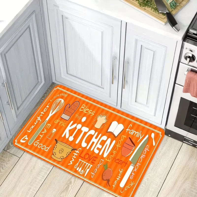 Orangefarbener Küchenteppich mit Küchenutensilien- und Kochmotiv für Küche, Flur und Schlafzimmer – 40 × 60 bis 50 × 150 cm, weich, rutschfest