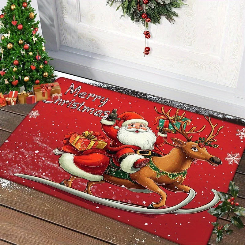 Weihnachtliche Fußmatte mit Weihnachtsmann- und Festmotiven für Haustür und Eingang – 40 × 60 cm, beflockt, rutschfest, farbbeständig, 6 Motive