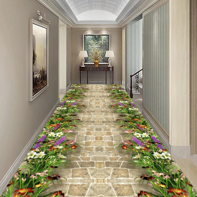 Läufer mit 3D-Blumen- und Landschaftsmotiv für Flur, Wohnzimmer und Eingang – 60 × 200 bis 90 × 400 cm, Kristallsamt, rutschfest, 16 Motive