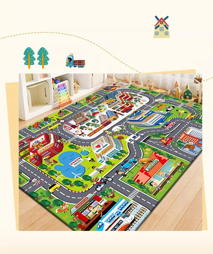 Spielteppich mit Straßen- und Landebahn-Motiv für Spielbereich und Wohnzimmer – 40 × 60 bis 160 × 230 cm, rutschfest, waschbar, 10 Motive