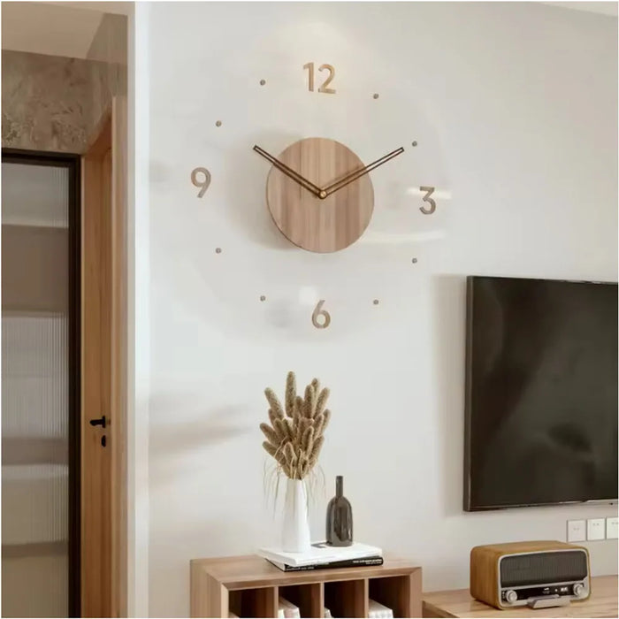 Wanduhr mit transparentem Acrylglas-Zifferblatt und Massivholz-Mitte im nordischen Stil für Wohnzimmer – 30, 35 oder 40 cm, rund, lautlos