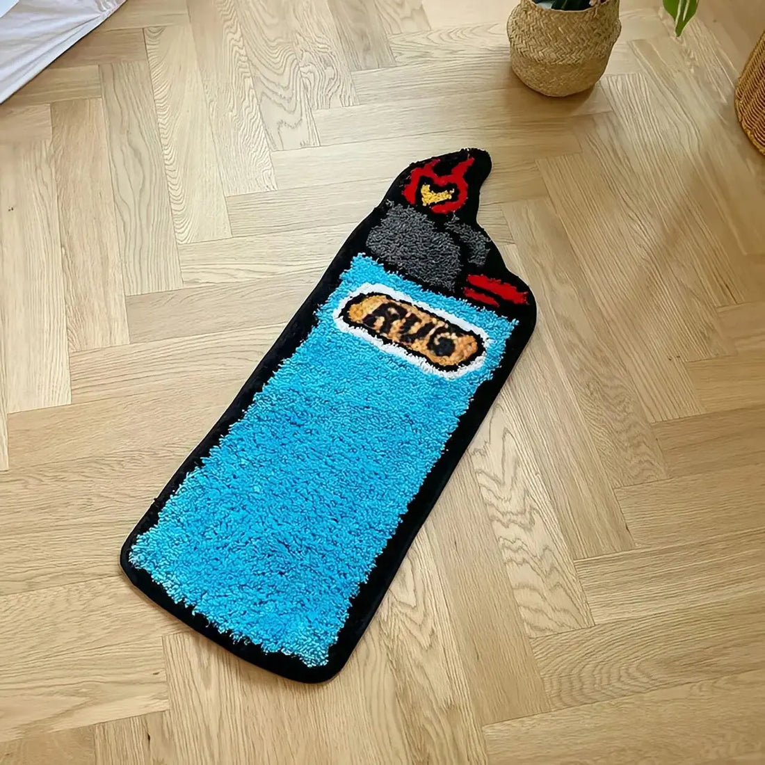 Schmaler flauschiger Teppich in Feuerzeug-Form für Schlafzimmer, Wohnzimmer und Bad – 80 × 24 cm, Blau und Schwarz, Gummirückseite, maschinenwaschbar