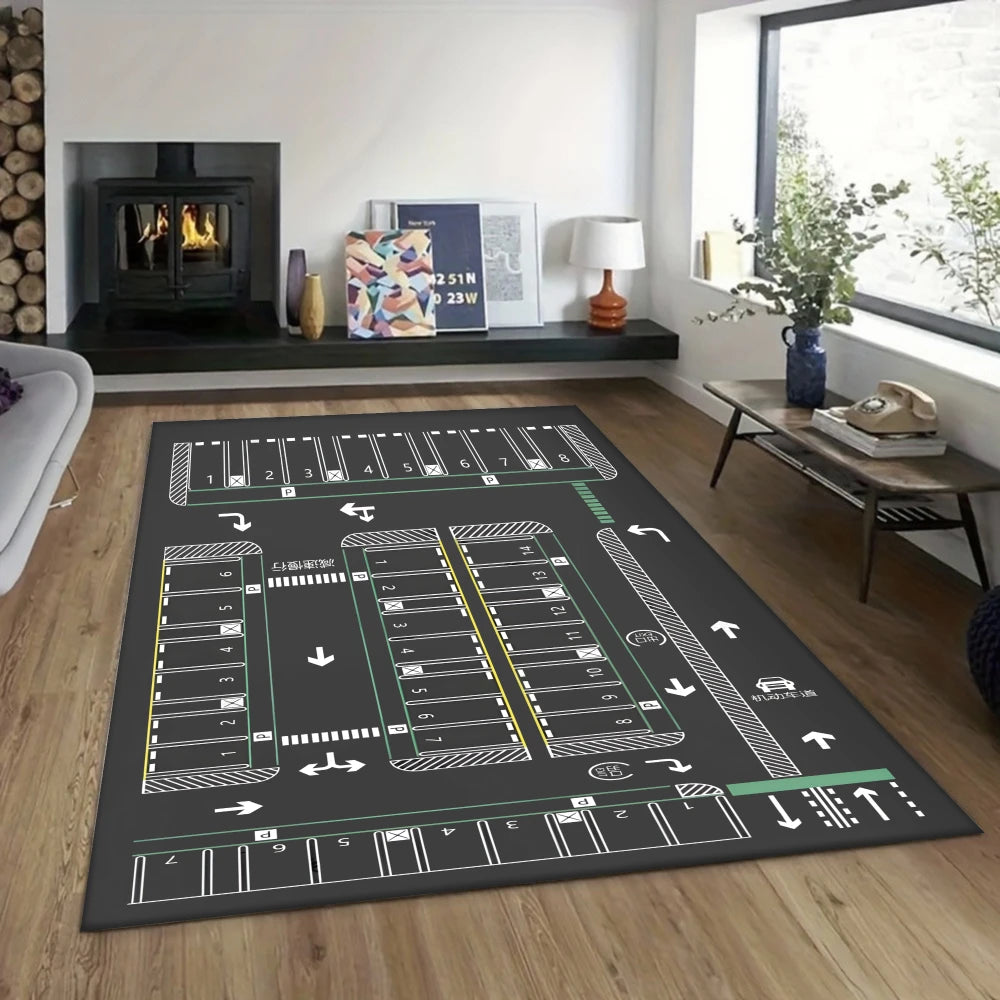 Kinderteppich mit Flughafen-Motiv als Spielmatte für Kinderzimmer und Wohnzimmer – 30 × 50 bis 120 × 160 cm, rechteckig, rutschfest, 4 Motive