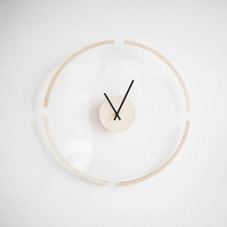 Transparente Wanduhr in schwebender Optik mit Holz im nordischen Stil für Schlafzimmer und Wohnzimmer – Ø 30 cm, analog, hell oder dunkel
