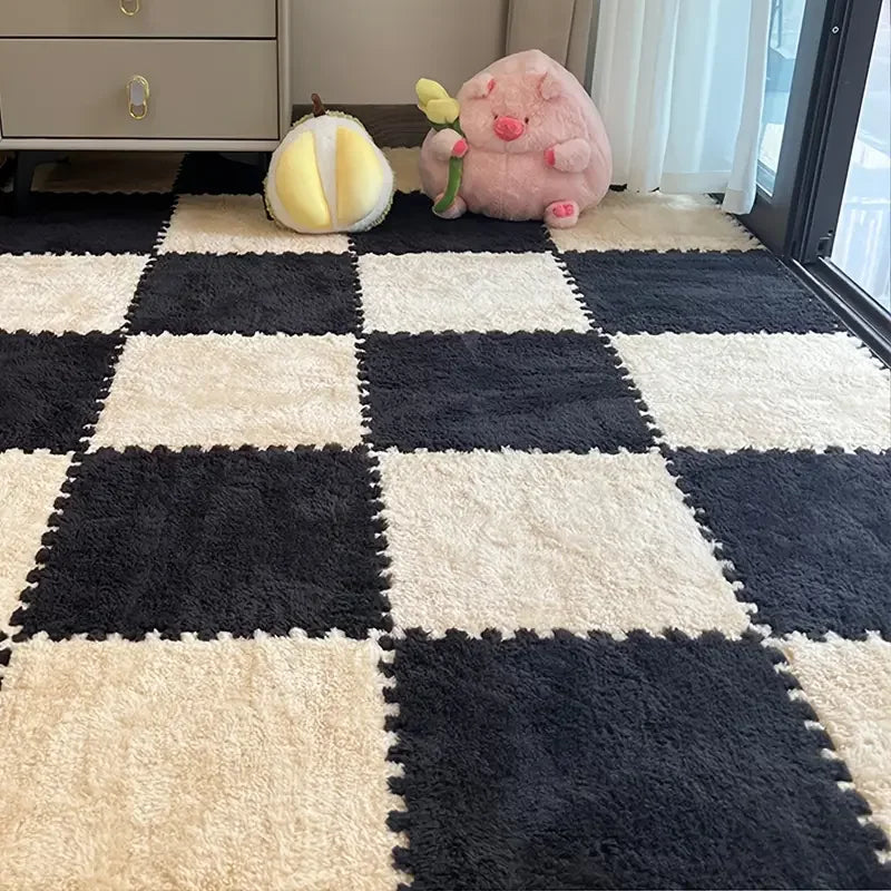 Flauschige Plüsch-Puzzlematten aus Schaumstoff für Wohnzimmer, Schlafzimmer und Spielbereich – quadratisch, 4 oder 12 Stück, stapelbar, 17 Farben