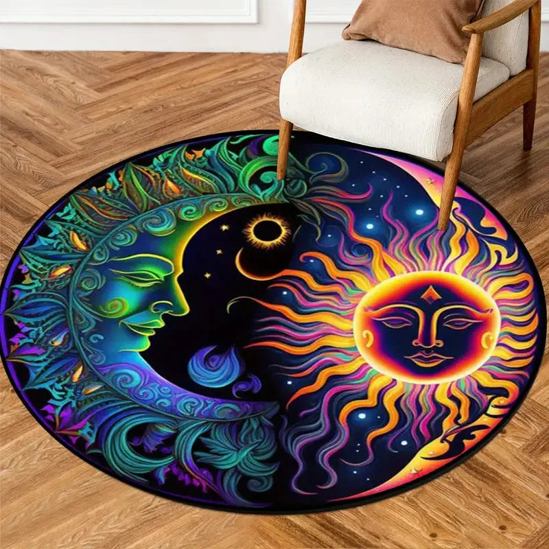 Runder Teppich mit Sonne, Mond und Sternkarte im Vintage-Stil für Wohnzimmer und Schlafzimmer – Ø 40 bis 120 cm, Flanell, rutschfest, 5 Motive