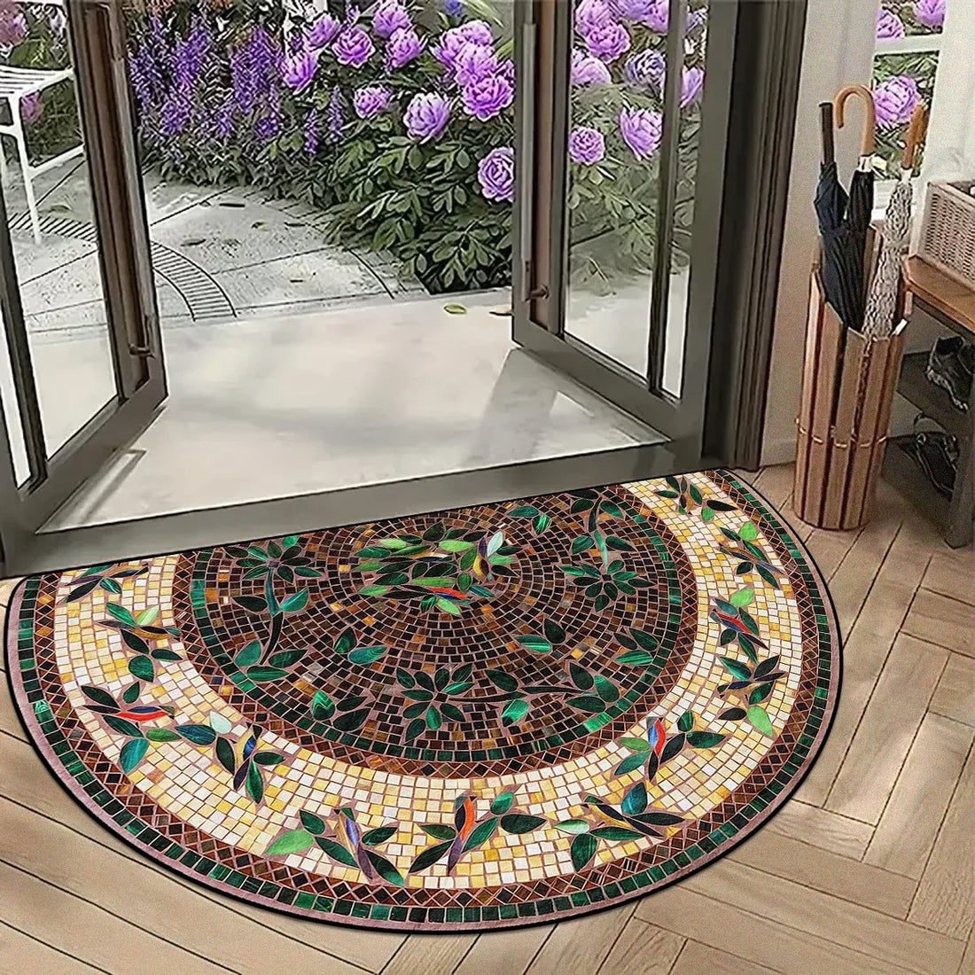 Halbrunde Fußmatte mit Mosaik-Blumenmuster im Vintage-Stil für Eingang, Veranda und Balkon – 40 × 60 bis 60 × 90 cm, rutschfest, 10 Motive