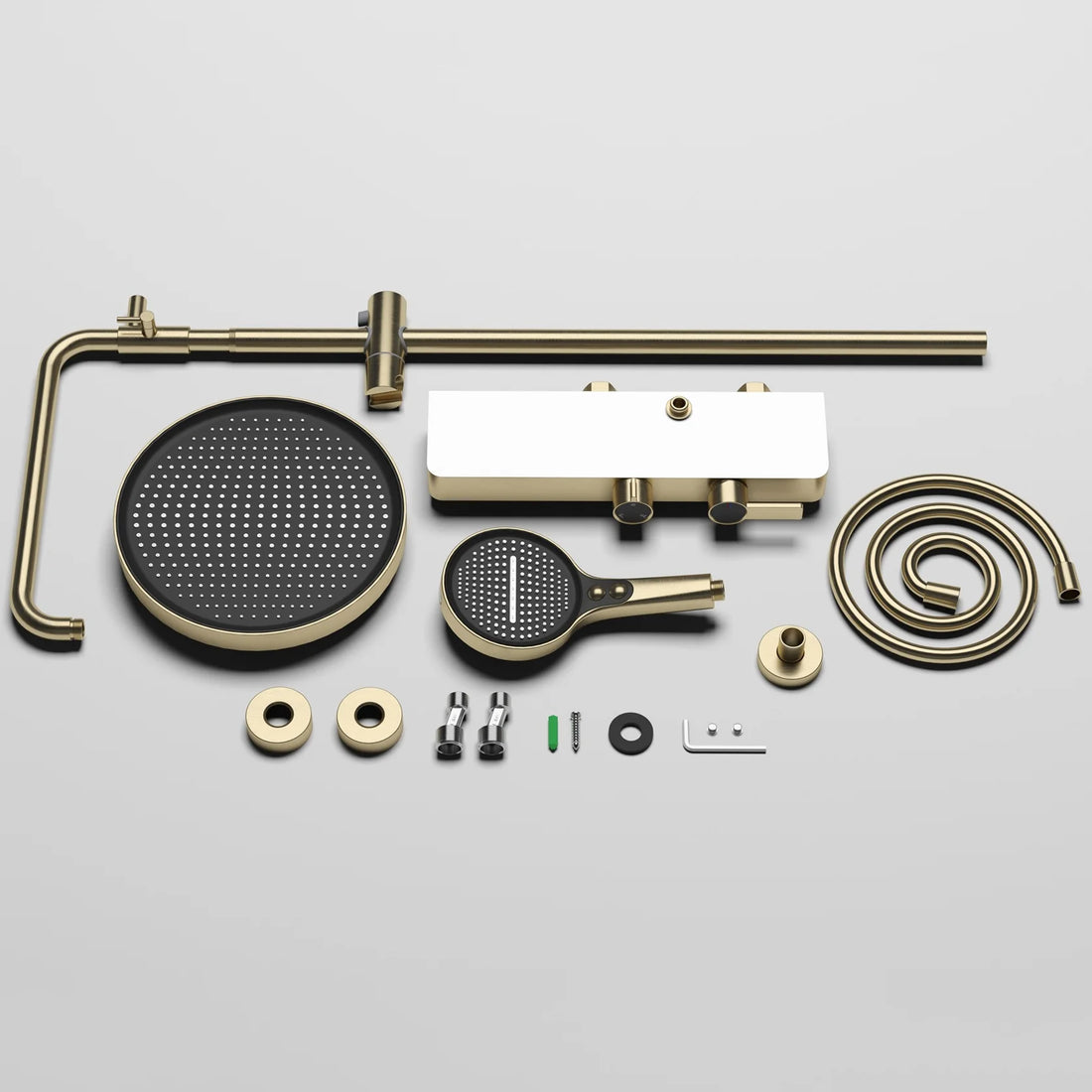 Aufputz-Duschsystem aus Messing mit Ablage und Knopfbedienung für das Badezimmer – 3 Funktionen, Kopfbrause 28 cm, Handbrause, Wannenstrahl, 6 Farben