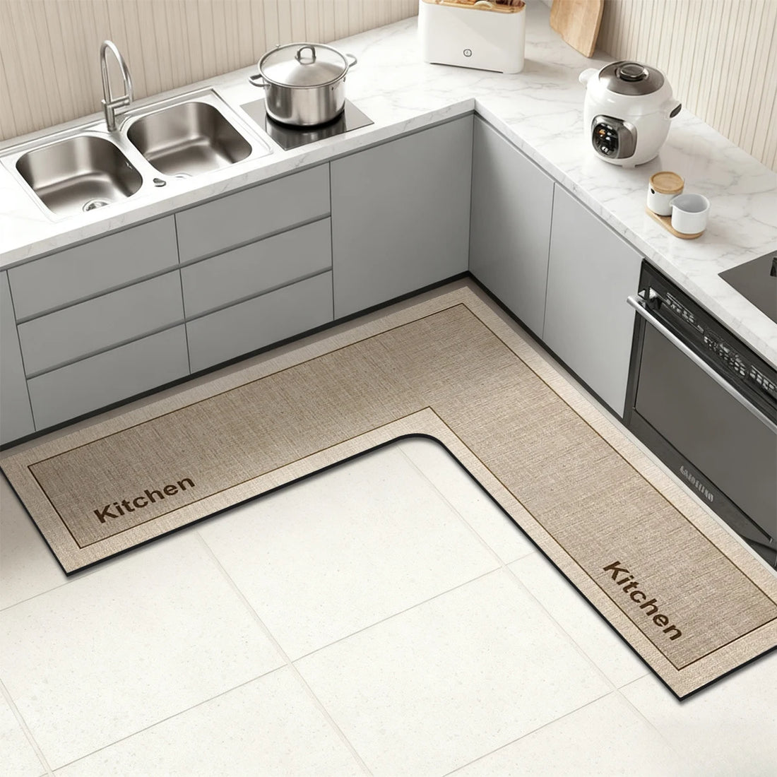 L-förmige Kieselgur-Küchenmatte für Küchenecke und Duschbereich – 75 × 75 bis 150 × 150 cm, 45 cm breit, saugfähig, rutschfest, 2 Farben