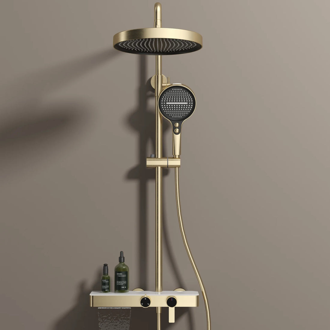 Aufputz-Duschsystem aus Messing mit Ablage und Knopfbedienung für das Badezimmer – 3 Funktionen, Kopfbrause 28 cm, Handbrause, Wannenstrahl, 6 Farben
