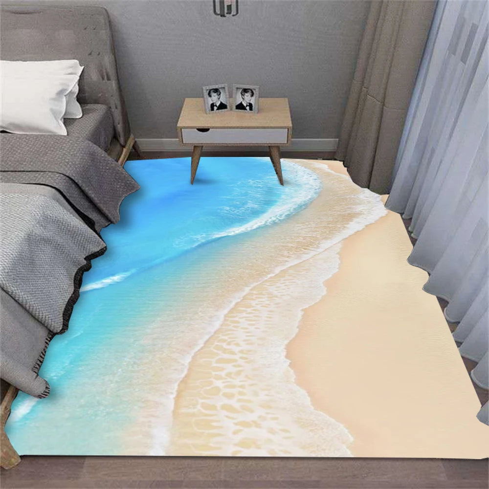 Teppich mit Strand-, Wellen- und Muschel-Motiv für Wohnzimmer, Küche und Flur – 40 × 60 bis 120 × 160 cm, rechteckig, Flanell, rutschfest, 7 Motive