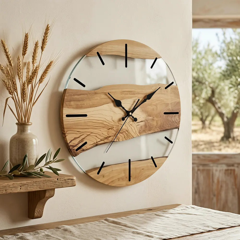 Wanduhr aus Glas mit Holzmaserung und weißen Flächen im Kunst-Design für Wohnzimmer und Flur – 30 cm (12 Zoll), rund, lautlos, 4 Motive