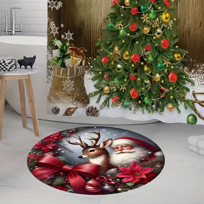 Runder Weihnachtsteppich mit Weihnachtsmann und Schneeflocken für Wohnzimmer und Spielzimmer – Ø 40 bis 120 cm, Flanell, rutschfest, 4 Motive