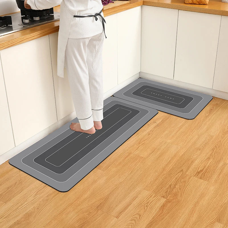 Küchenmatte in Grau mit abgestuftem Rahmenmuster für Küche und Eingang – 40 × 60 oder 50 × 160 cm, wasserdicht, rutschfest, Gummirücken