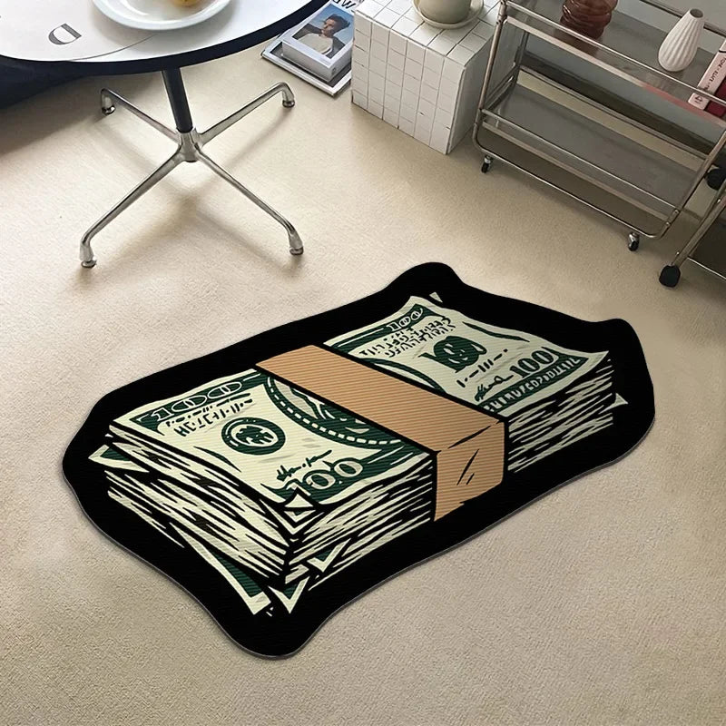 Teppich in Form von Dollar-Geldbündeln für Schlafzimmer, Wohnzimmer und Eingang – 40 × 60 bis 80 × 120 cm, Sonderform, rutschfeste Noppen, 9 Motive