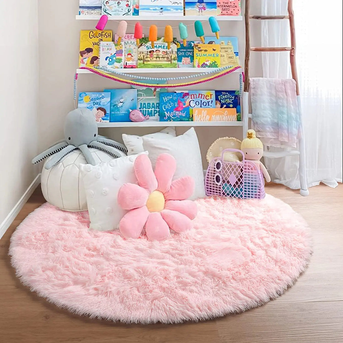Runder Hochflorteppich in Regenbogenfarben für Kinderzimmer und Schlafzimmer – Ø 60 bis 160 cm, flauschig, Memory-Schaum, rutschfest
