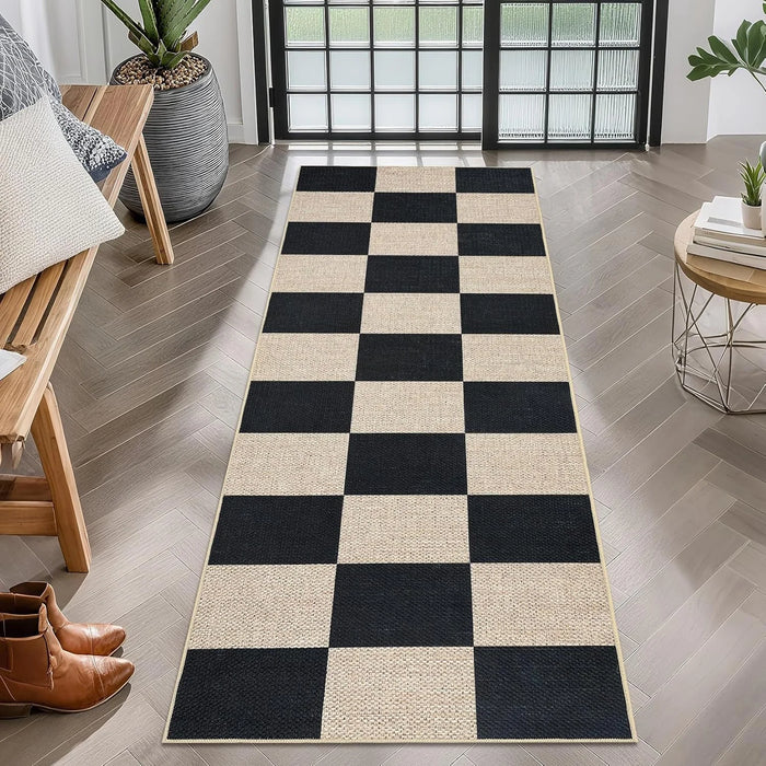 Karierter Teppichläufer in Schwarz und Creme für Flur, Küche und Eingang – 40 × 120 oder 50 × 150 cm, Polyester, rutschfest, waschbar, 6 Motive
