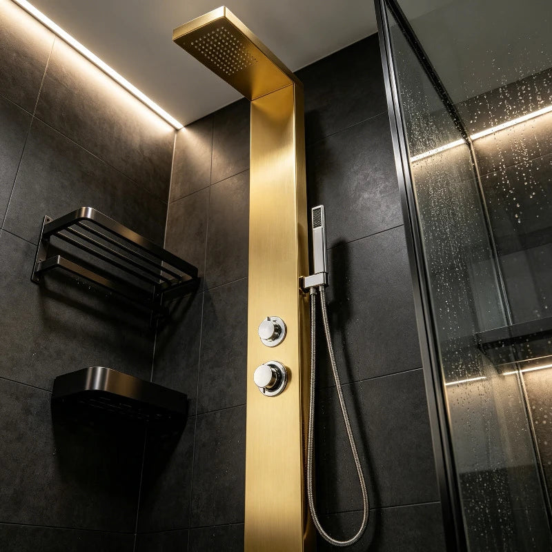 Duschpaneel-System aus Edelstahl mit 4 Funktionen für Badezimmer, Hotel und Spa – quadratisch, Regen, Wasserfall, Massagedüsen, Handbrause, Gold