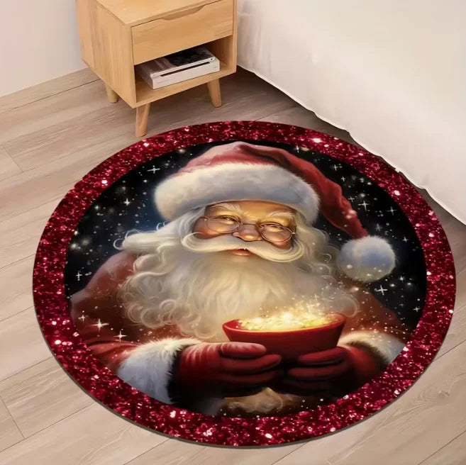 Runder Weihnachtsteppich mit Weihnachtsmann und Schneeflocken für Wohnzimmer und Spielzimmer – Ø 40 bis 120 cm, Flanell, rutschfest, 4 Motive