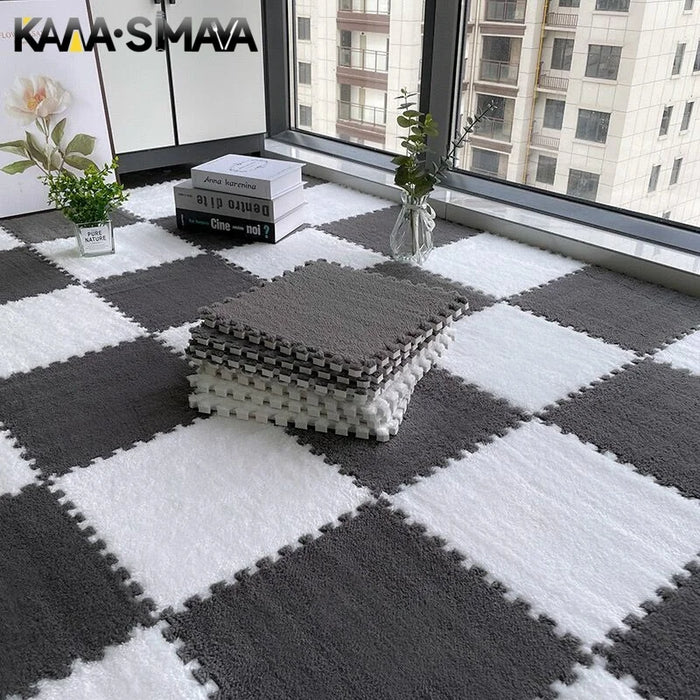 Flauschige Plüsch-Puzzlematten aus Schaumstoff zum Zusammenstecken fürs Wohnzimmer – je 30 × 30 cm, quadratisch, ineinandergreifend, 1 bis 16 Stück