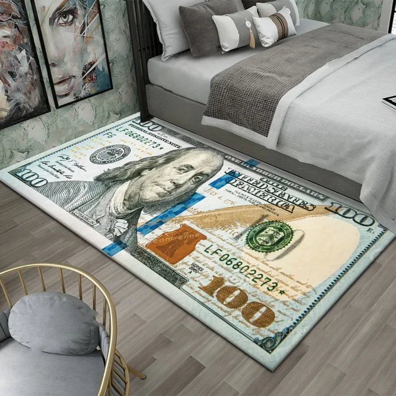 Teppich mit Dollarschein-Aufdruck aus Flanell für Schlafzimmer, Wohnzimmer und Büro – 40 × 60 bis 60 × 180 cm, rutschfeste Latexnoppen, 7 Motive