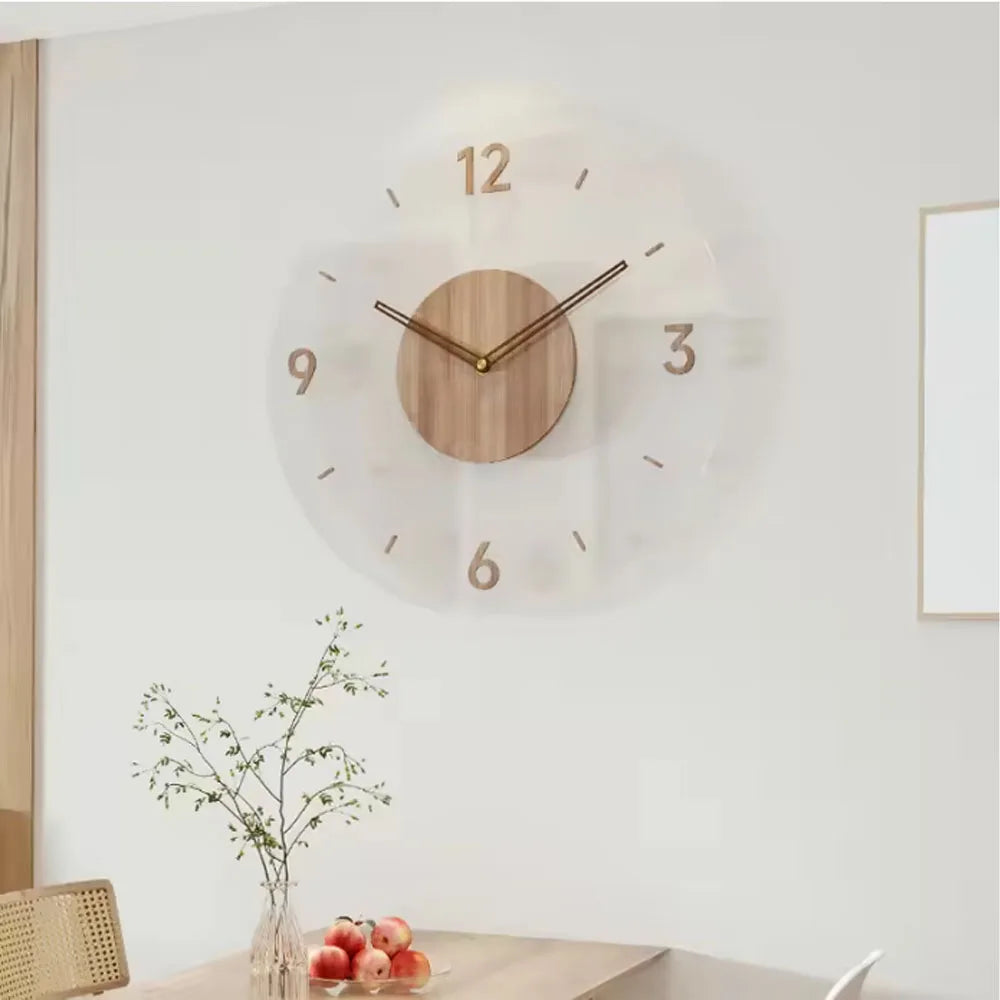 Wanduhr mit transparentem Acrylglas-Zifferblatt und Massivholz-Mitte im nordischen Stil für Wohnzimmer – 30, 35 oder 40 cm, rund, lautlos