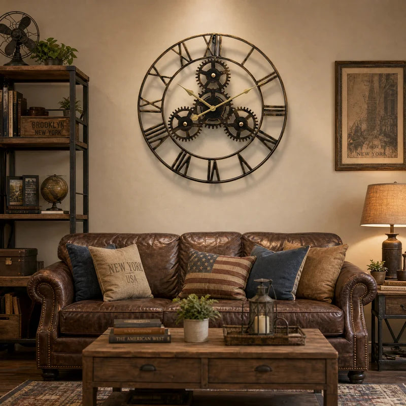 Große Wanduhr im Industrie-Vintage-Stil mit Zahnrad-Optik für Wohnzimmer und Flur – Ø 40 bis 60 cm, Metall, römische Ziffern, Gold oder Antikgold