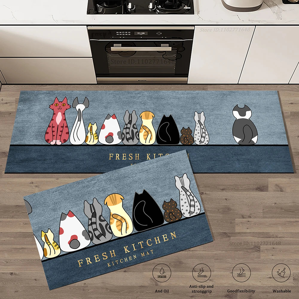Saugfähige Küchenmatte aus Kristallsamt mit Katzen-Motiv für Küche, Flur und Dusche – 40 × 60 bis 50 × 160 cm, rutschfest, einzeln oder im 2er-Set