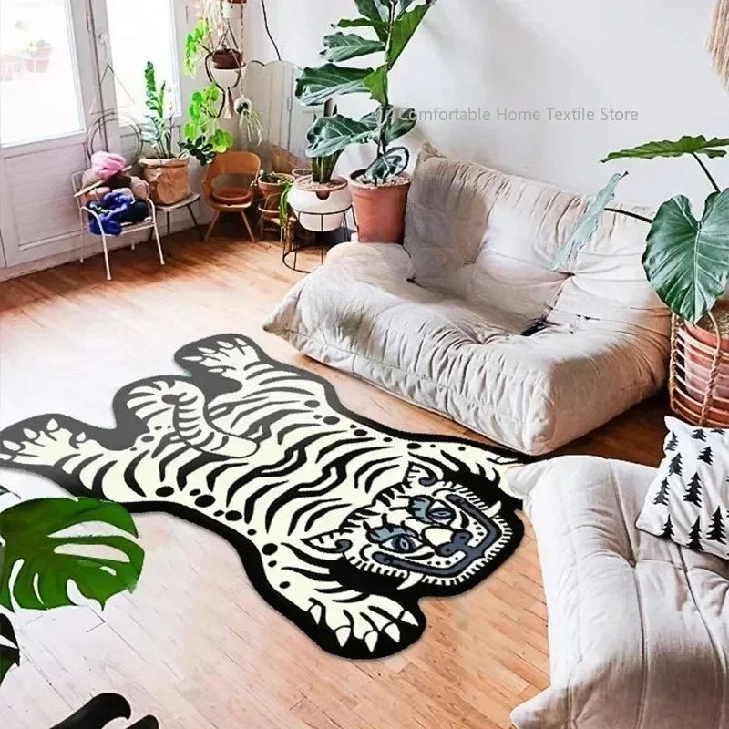 Teppich in Tigerform im Cartoon-Stil für Wohnzimmer, Schlafzimmer und Babyzimmer – 60 × 90 bis 200 × 400 cm, Flanell, rutschfest, waschbar, 14 Motive