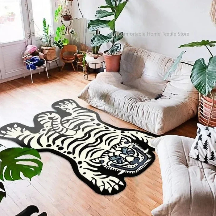 Teppich in Tigerform im Cartoon-Stil für Wohnzimmer, Schlafzimmer und Babyzimmer – 60 × 90 bis 200 × 400 cm, Flanell, rutschfest, waschbar, 14 Motive