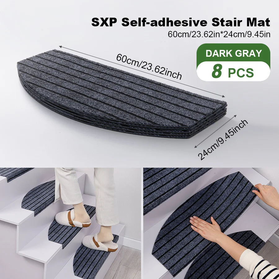 Halbrunde selbstklebende Stufenmatten im 8er-Set für Treppen im Innenbereich – je 60 × 24 cm, 4 mm dick, rutschfest, einfarbig, 11 Farben