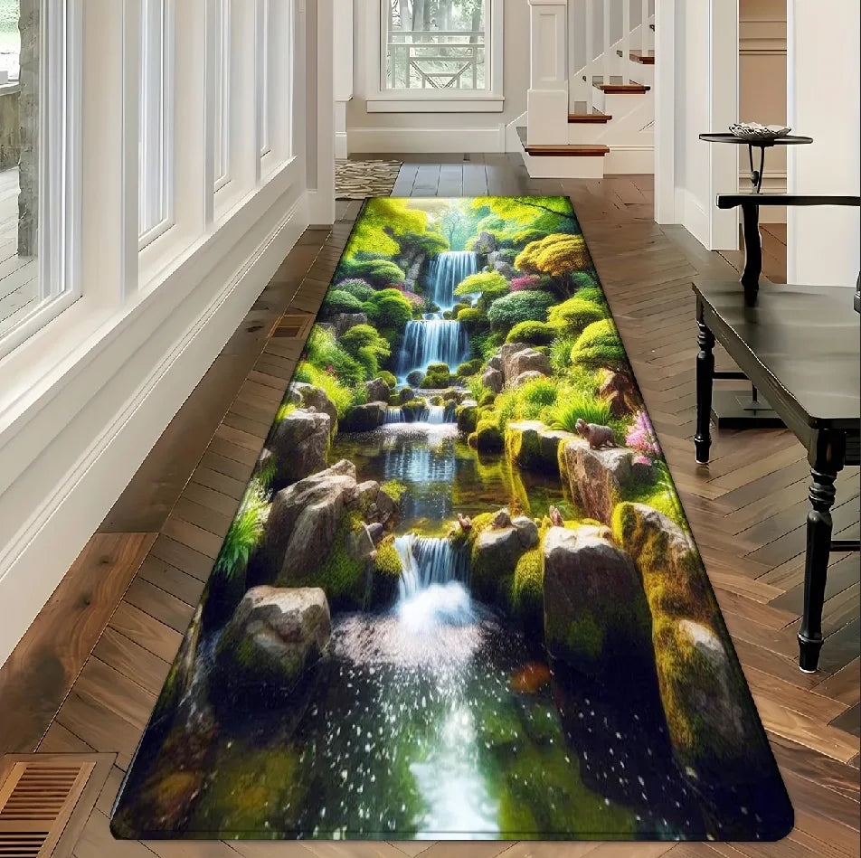 Bedruckter Läufer mit 3D-Wasserfall-Motiv im japanischen Stil für Flur und Küche – 40 × 60 bis 50 × 150 cm, rechteckig, rutschfest, 4 Motive