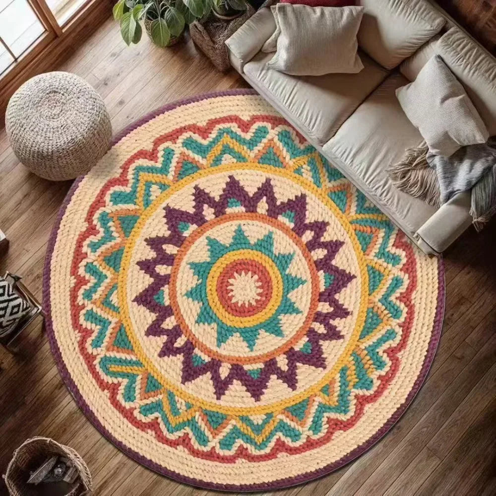 Runder Mandala-Teppich im Boho-Stil für Wohnzimmer und Schlafzimmer – Ø 40 bis 120 cm, bunt, geometrisch, rutschfest, waschbar, 8 Motive