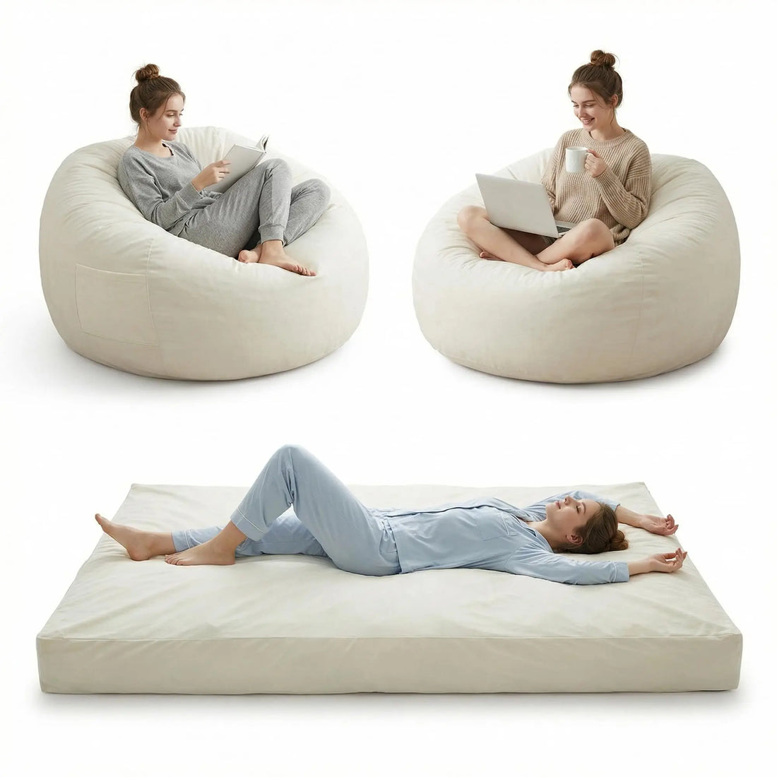 3-in-1-Sitzsack als Sessel, Liege und Bodenbett mit Memory-Schaum für Wohnzimmer und Gaming – 112 × 112 × 70 cm, waschbarer Flanellbezug, 7 Farben