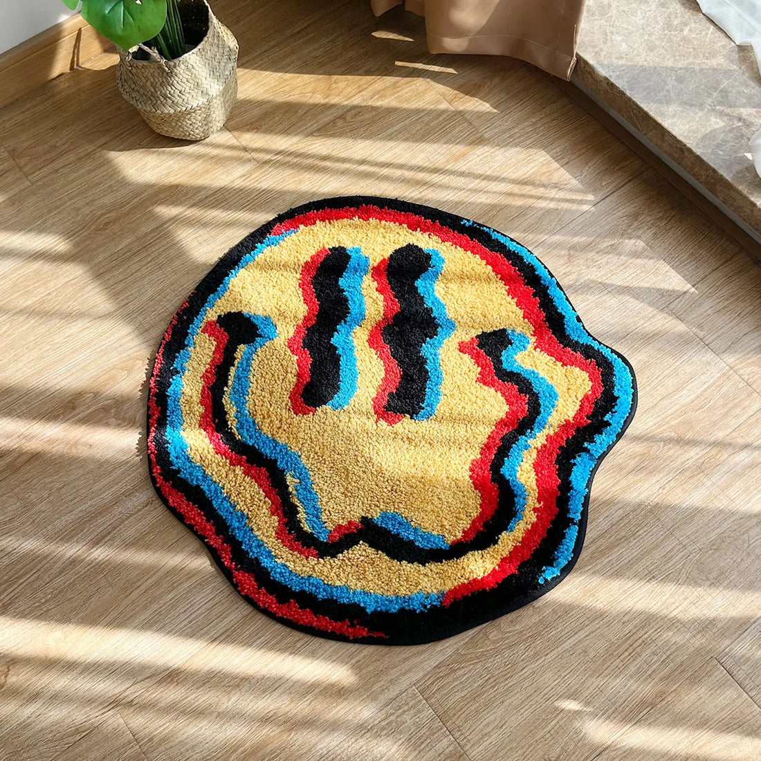 Getufteter Teppich mit Trippy-Smiley-Motiv als Deko fürs Schlafzimmer – 60 × 60 oder 90 × 90 cm, handgetuftet, rutschfeste TPR-Rückseite