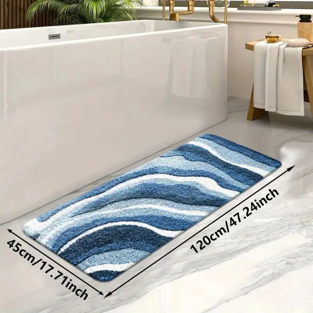 Badematte mit blauem Wellenmotiv für Bad, Wohnzimmer und Schlafzimmer – 40 × 60 bis 45 × 120 cm, Flanell, weich, saugfähig, rutschfest
