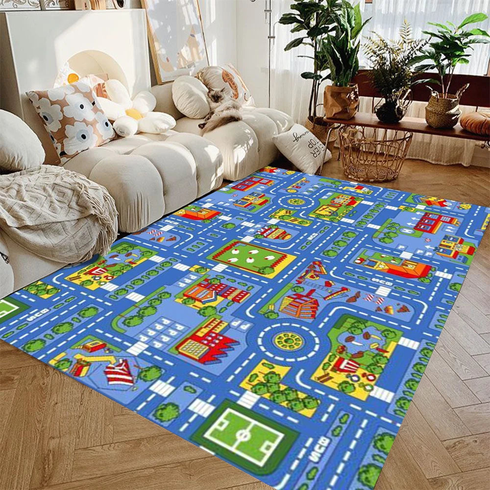 Spielteppich mit Rennstrecken- und Flughafenmotiv für Spielzeugautos im Kinderzimmer – 40 × 60 bis 120 × 160 cm, Flanell, rutschfest, 6 Motive