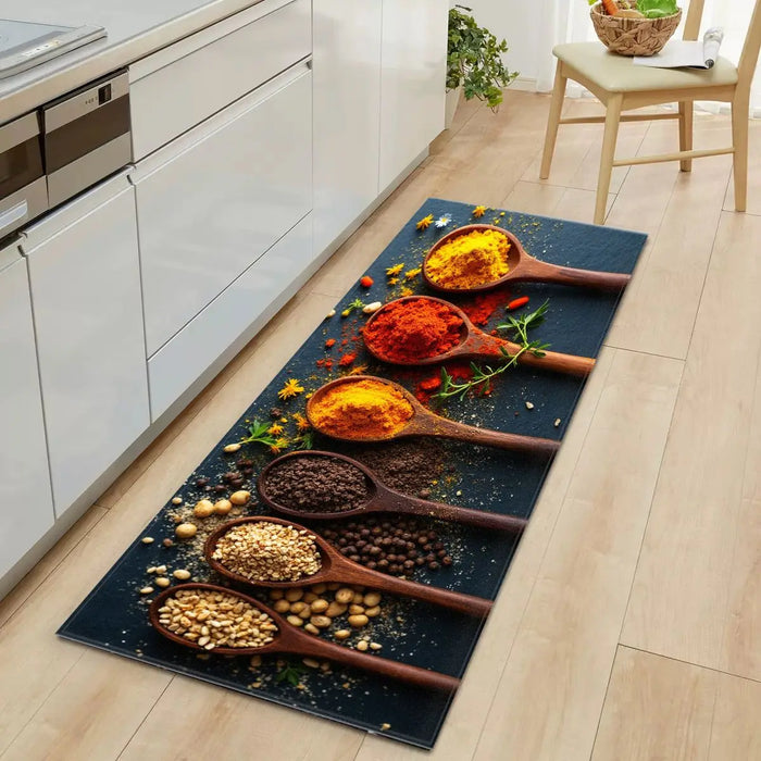 Bedruckter Küchenläufer mit Motiven wie Gewürzlöffeln für Küche, Eingang und Bad – 40 × 60 bis 50 × 160 cm, saugfähig, rutschfest, 6 Motive