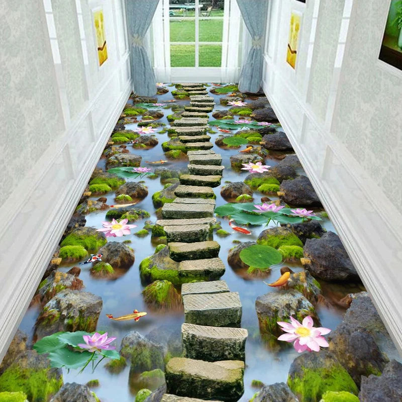 Läufer mit 3D-Blumen- und Landschaftsmotiv für Flur, Wohnzimmer und Eingang – 60 × 200 bis 90 × 400 cm, Kristallsamt, rutschfest, 16 Motive
