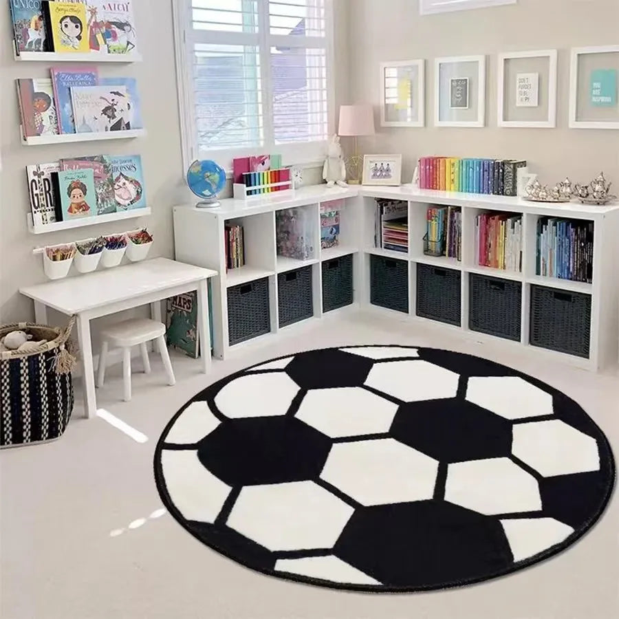 Runder Flanell-Teppich mit Ballmotiv für Kinderzimmer, Schlafzimmer und unter den Stuhl – Ø 40 bis 120 cm, Basketball, Fußball, Baseball, rutschfest