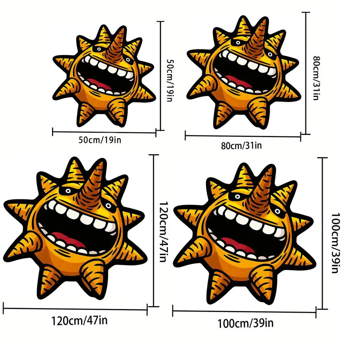Kreativer Sonnen-Teppich im Anime-Stil in Orange für Wohnzimmer, Schlafzimmer und Jugendzimmer – 50 × 50 bis 120 × 120 cm, Sonderform, rutschfest