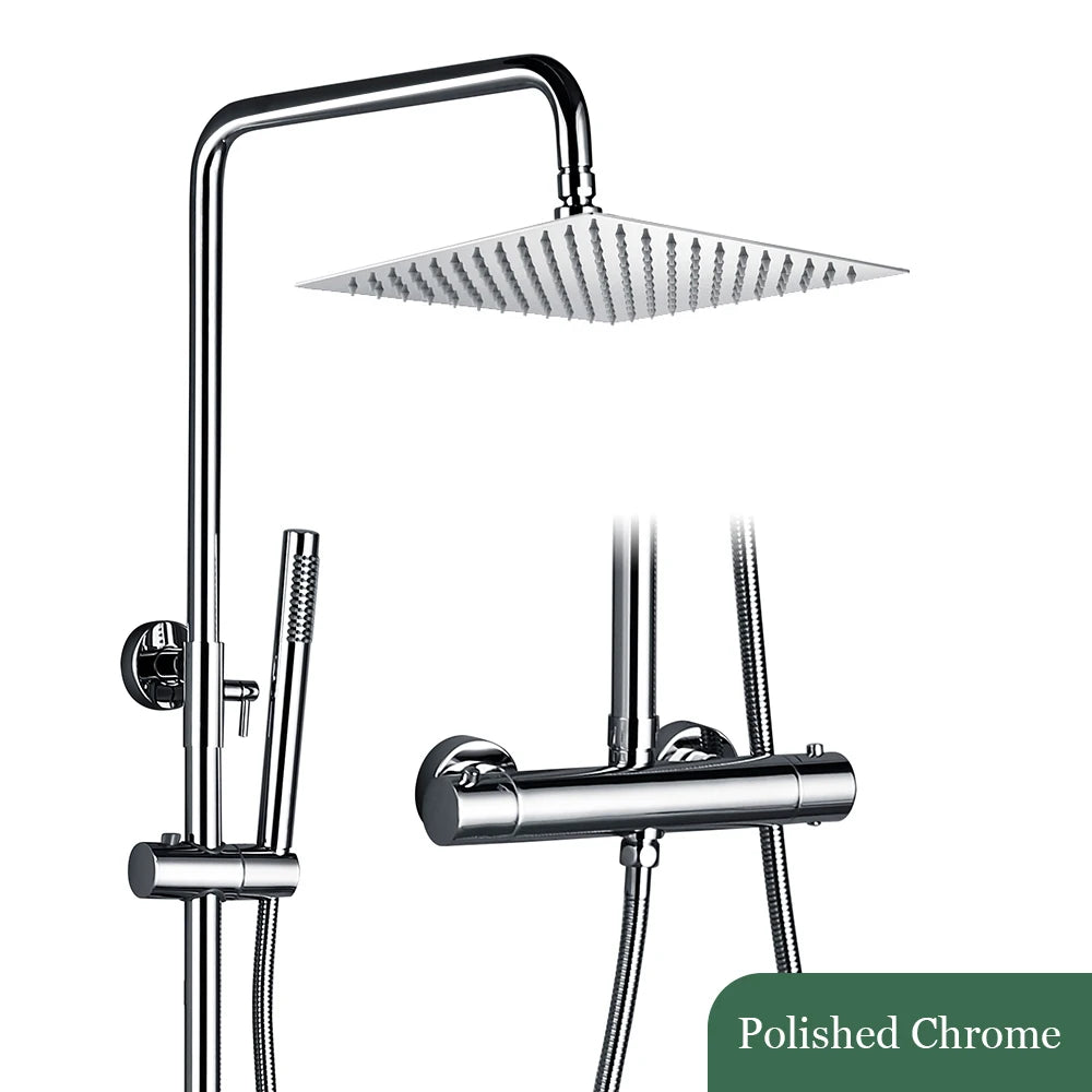 Thermostat-Duschset aus Messing mit Handbrause zur Wandmontage im Badezimmer – quadratische Kopfbrause 20 bis 30 cm, Doppelknopf, 7 Farben