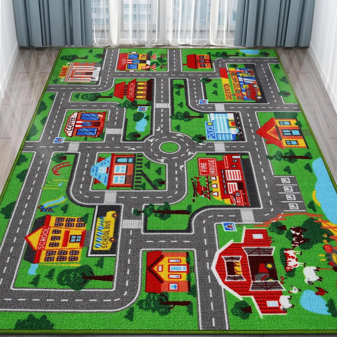 Spielteppich mit Stadtplan aus Straßen und Gebäuden für Spielbereich und Wohnzimmer – 40 × 60 bis 120 × 160 cm, Flanell, rutschfest, 4 Motive
