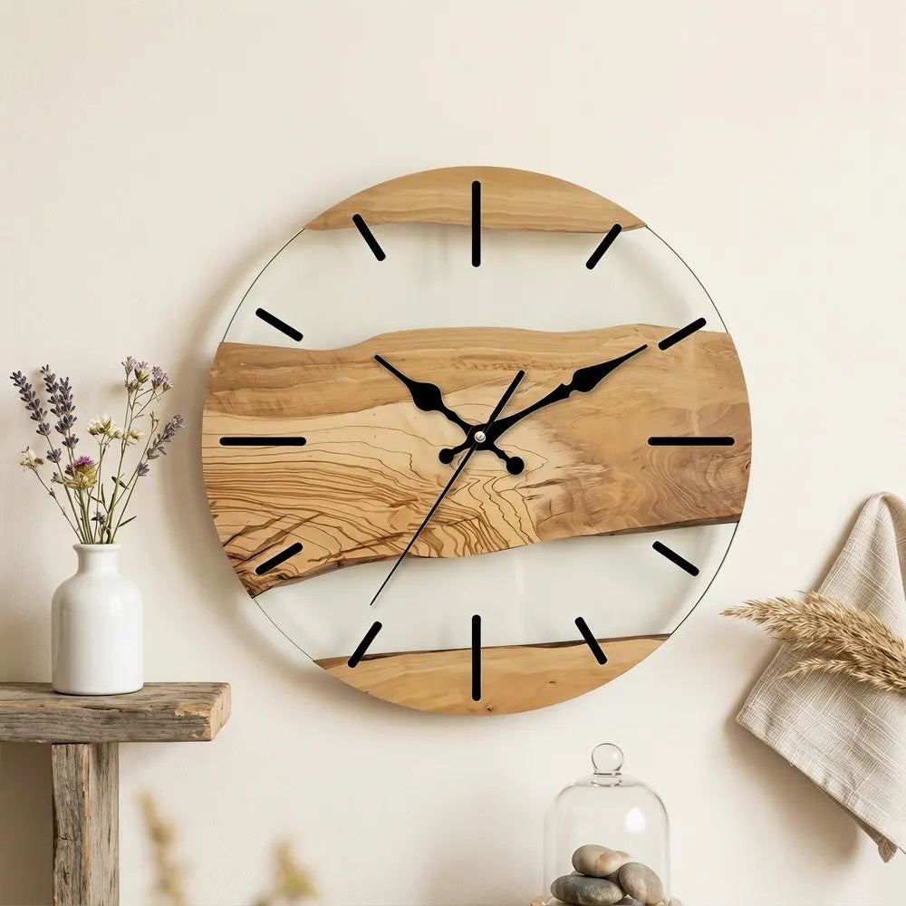 Wanduhr aus Glas mit Holzmaserung und weißen Flächen im Kunst-Design für Wohnzimmer und Flur – 30 cm (12 Zoll), rund, lautlos, 4 Motive