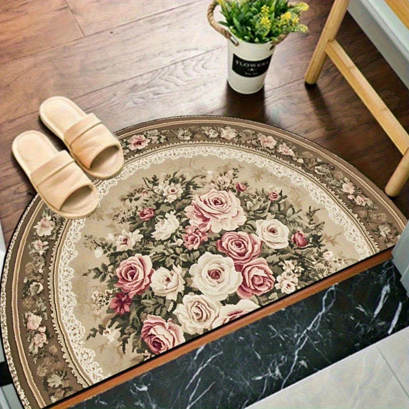 Halbrunder Vintage-Teppich mit romantischem Rosenmuster für Eingang, Schlafzimmer und Wohnzimmer – 40 × 60 bis 60 × 90 cm, weich, rutschfest