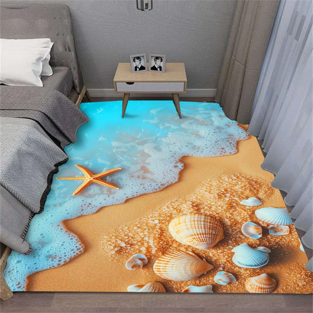 Teppich mit Strand-, Wellen- und Muschel-Motiv für Wohnzimmer, Küche und Flur – 40 × 60 bis 120 × 160 cm, rechteckig, Flanell, rutschfest, 7 Motive
