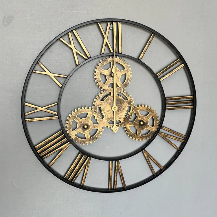 Große Wanduhr im Industrie-Vintage-Stil mit Zahnrad-Optik für Wohnzimmer und Flur – Ø 40 bis 60 cm, Metall, römische Ziffern, Gold oder Antikgold